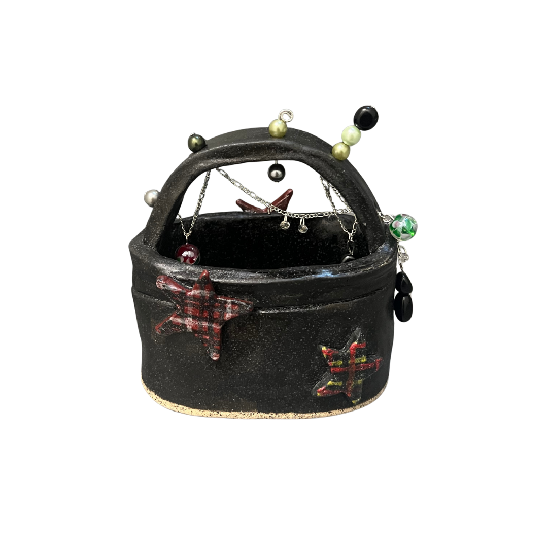 black tote w/ plaid stars & charms